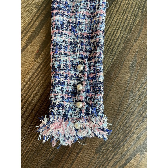 NWT ZARA Tweed Frayed Off-Shoulder Blue Pink Sweater Top Small - Picture 8 of 8